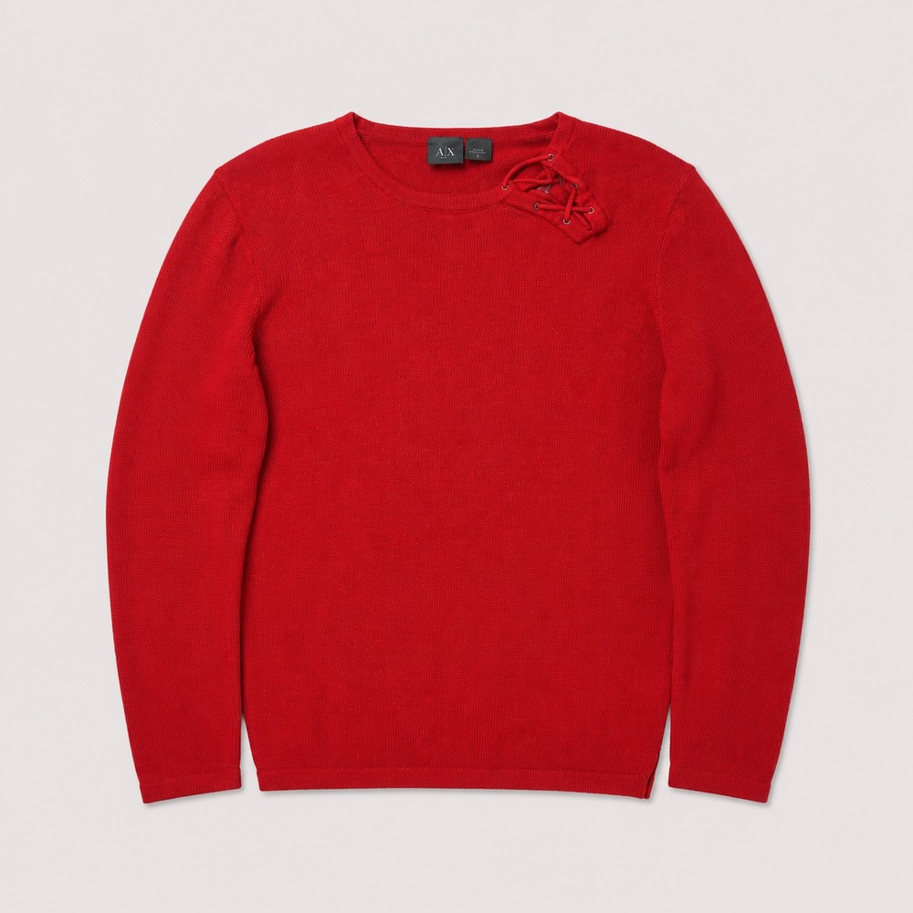 Armani Exchange A|X Mens M Red Lace Up Crewneck Knit Sweater Pullover
